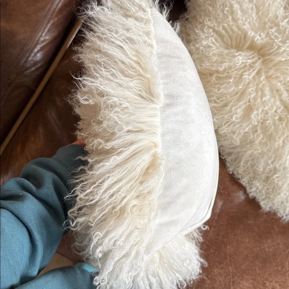 2 Mongolian lamb (Tibetan lamb) fur pillows with down filled inserts